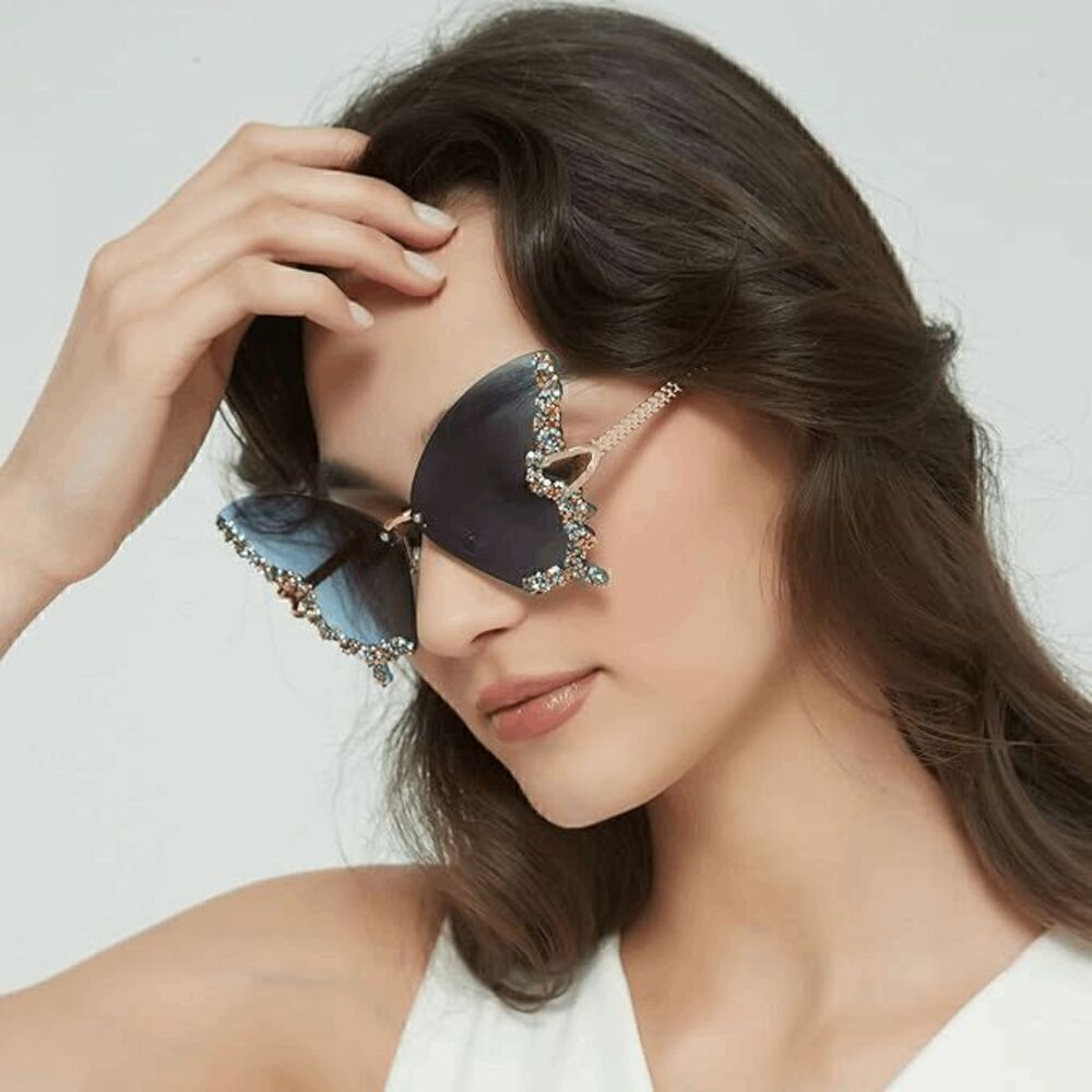 🦋✨ Rhinestone Diamond Butterfly Rimless Y2K Shades Sunglasses NEW - Picture 14 of 15